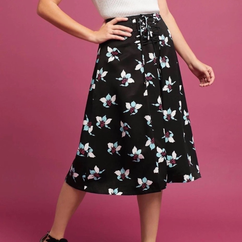 Maeve Zadie Black Floral Lace Up Midi Skirt Bloom Print Women's Size 6